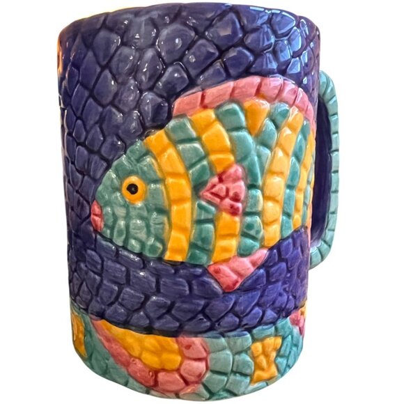 HTF Pair of Collectible Vtg 1994 CLAY ART Mosaic Fish Mugs Hand-Painted Ceramic - Picture 2 of 16